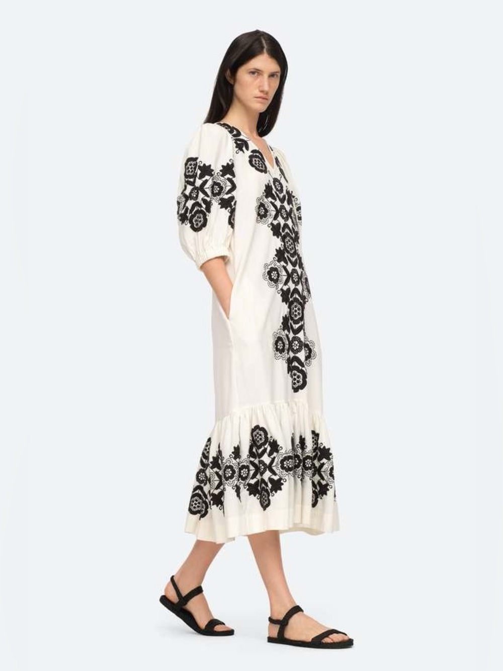 Sea New York linen cotton blend maxi embroidered V neck dress